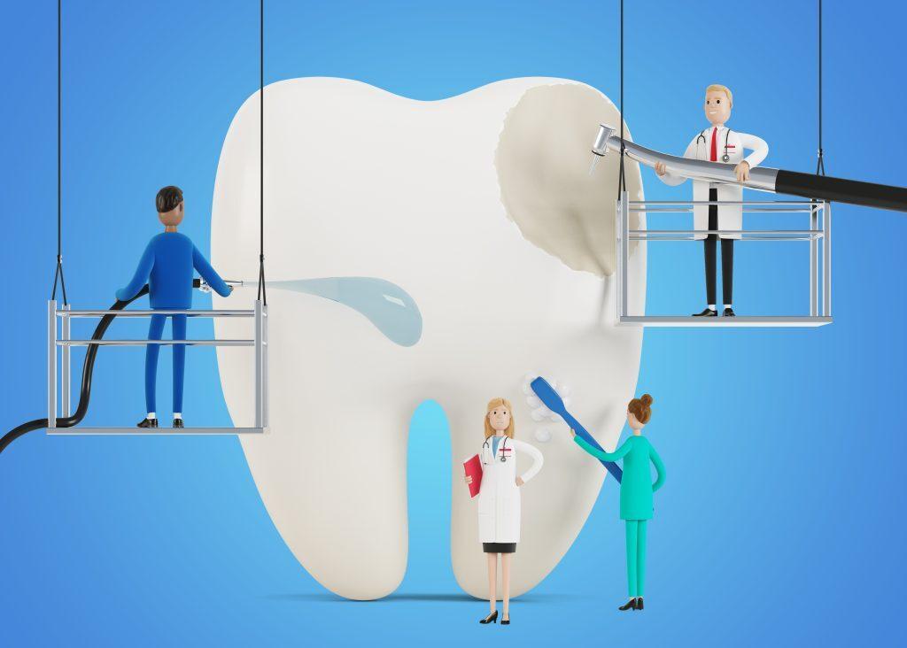 Dentists clean, treat a sick aching tooth. Doctors clean, drill dental plaque and dental caries. Dentistry work concept. 3D illustration in cartoon style.