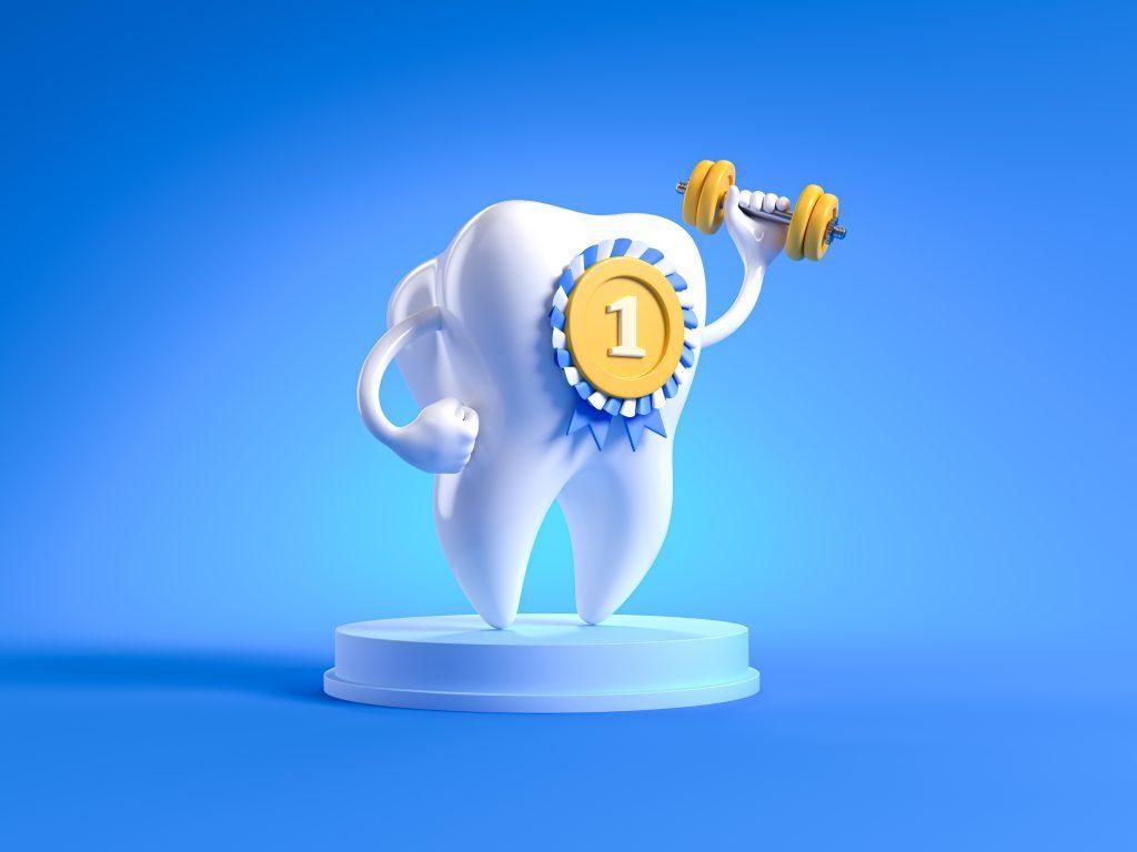 Strong tooth lifting dumbbells with medal first place. Cartoon dental character on a pedestal. Cute dentist mascot. Oral health and dental inspection teeth. Medical dentist tool. 3D realistic render