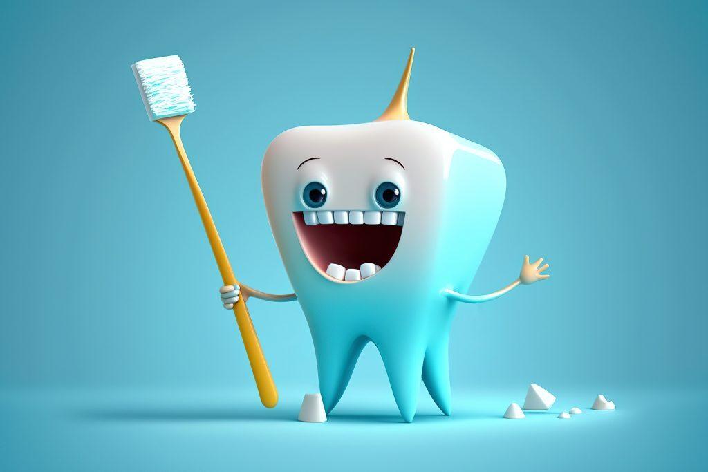 White tooth cartoon character with a toothbrush on blue background. Generative AI